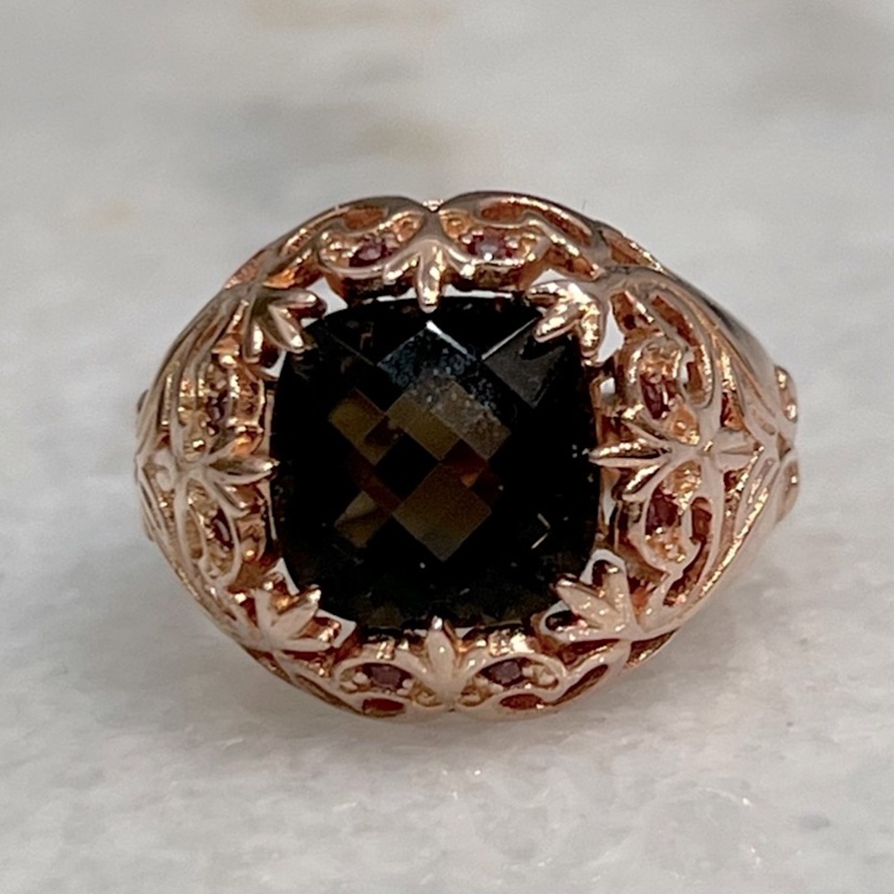 Brazilian Smoky Quartz Orissa Rhodolite Garnet 14K RG Sterling Silver Ring Sz 8
